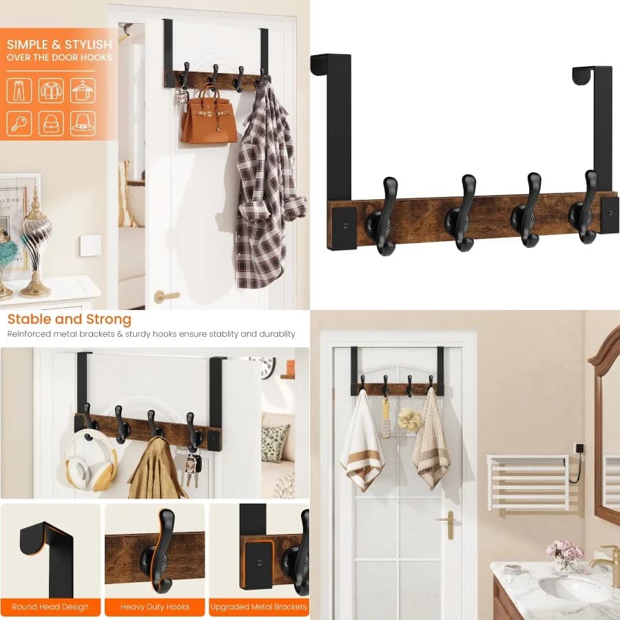Hook clothes hangers above the durable wooden door with rustic black finish ideal for organizing towels, clothes, hats and bags in b