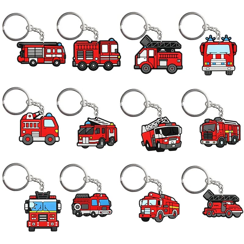 12 pezzi cartone animato camion pompiere portachiavi in PVC pompiere zaino ciondolo giocattoli per bambini bomboniere festa di compleanno riempitivi pinata