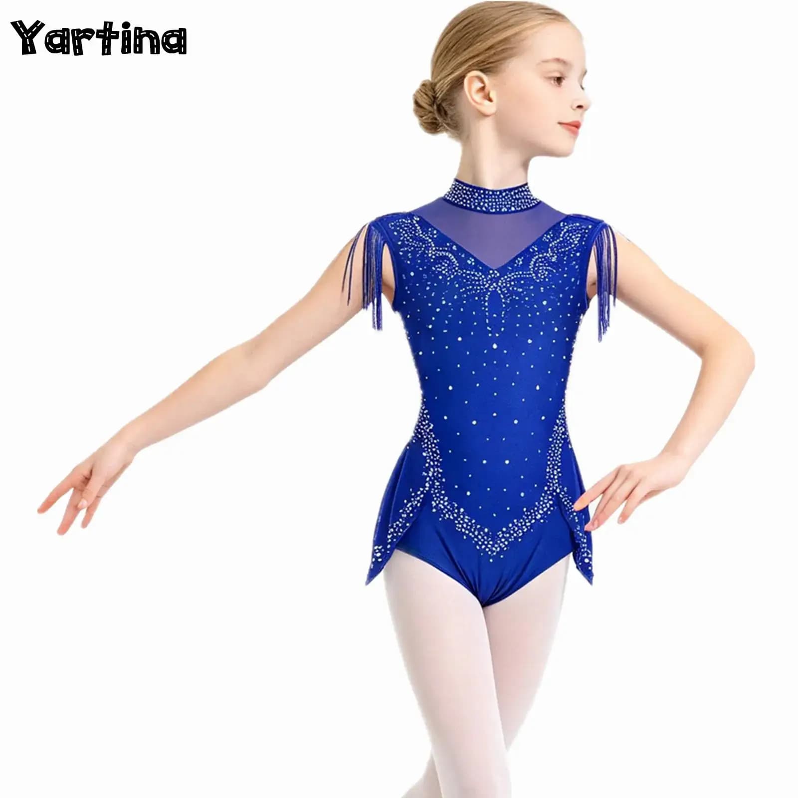 Bambini Ragazze Strass scintillanti Ginnastica ritmica Maglia da balletto Pattinaggio di figura Body da ballo Costume Nappa con gonna Body