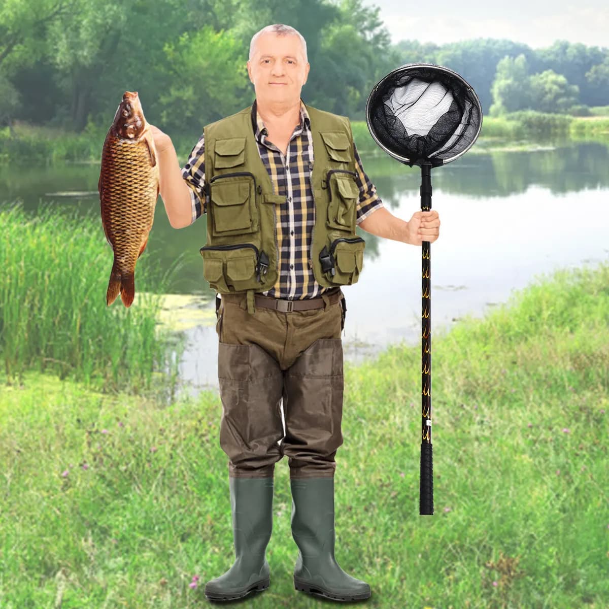 1Set High Quality Aluminium Alloy Fishing Net with 1.7m Telescopic Handle Rust Resistant Non Slip Grip Landing Net for Fishing
