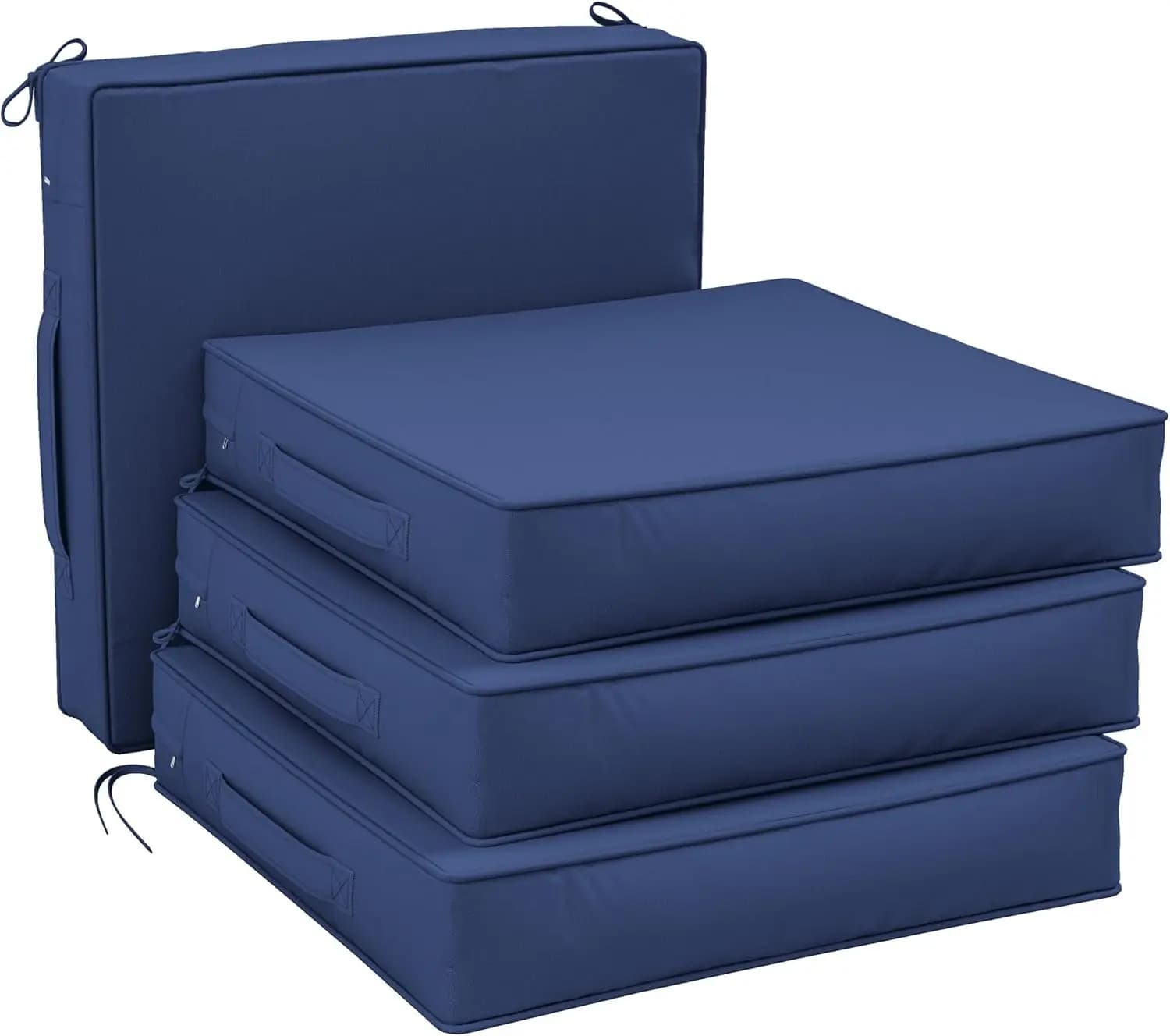 Cuscini Impermeabili per Sedie da Patio 22x22x4 Pollici con Lacci e Maniglia, Set di 4 Cuscini Blu per Sedute da Esterno