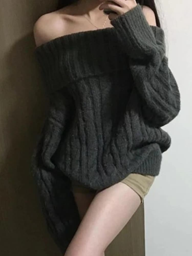 Maglione lavorato a maglia con spalle scoperte grigio design francese da donna capispalla oversize chic solido Y2k top abiti popolari coreani di moda nuovi
