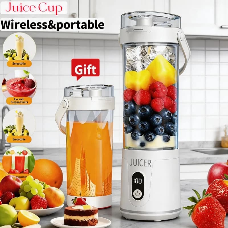 600ML Portable Frullator with 12 Blades for Frullati and Smoothie, USB Rechargeable, Fruit Travel Blender with Double Container