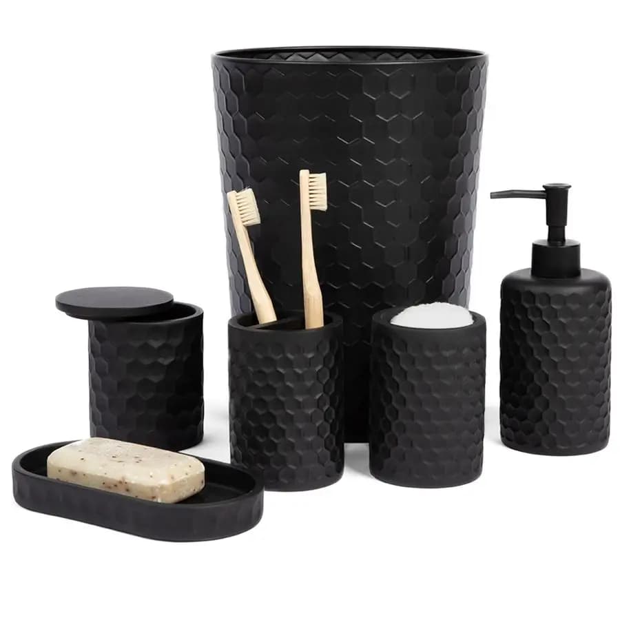 Set di 6 Accessori per il Bagno, Portaspazzolino, Bicchiere per Spazzolino, Dispenser Sapone, Vassoio per il Bagno, Porta Q-tip, Cestino