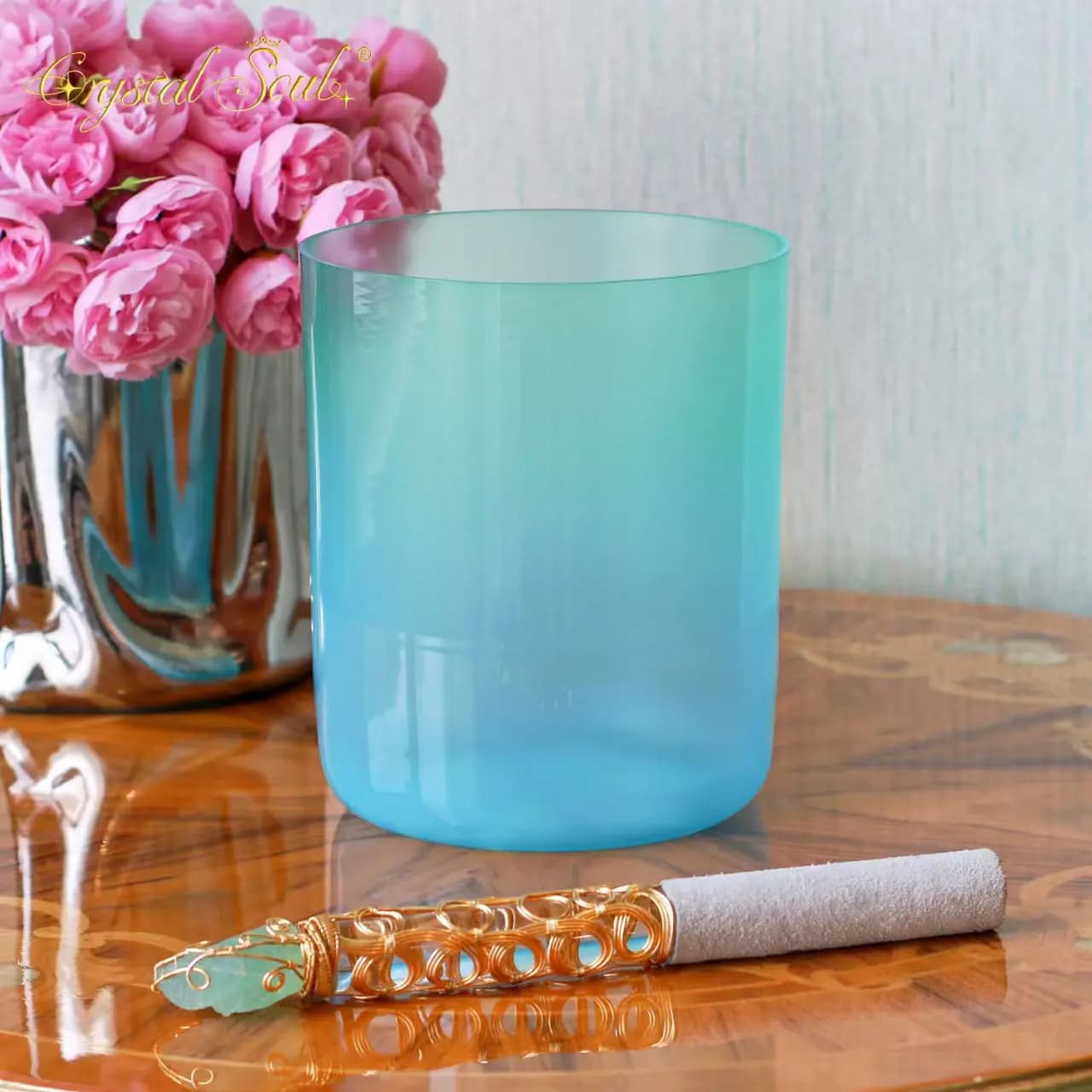 CrystalSoul 432Hz Pink Ocean Powder Blue Gradient clear Alchemy Crystal Singing Bowl with accessories