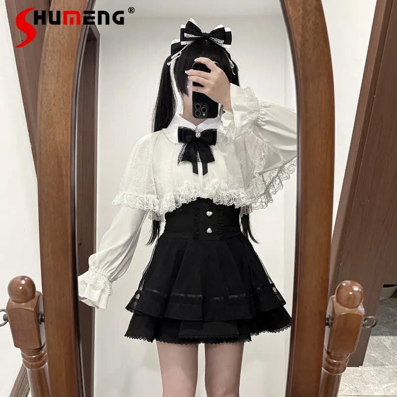 Y2k Dolce Kawaii Blusas a maniche lunghe Camicia a mantella in pizzo Gonna in pizzo Indossare quotidianamente Gonna Lolita giapponese Camicetta carina De Mujer