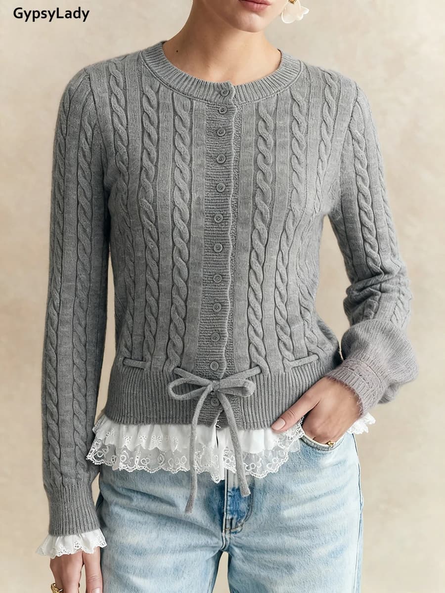 Maglione cardigan lavorato a maglia vintage stile francese da donna Maglieria casual a maniche lunghe con bottoni in maglia grigia con bottoni sul davanti