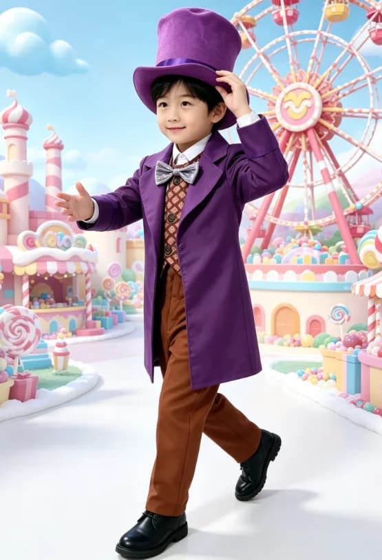 Kids Vintage Purple Long Coat Suit Jacket Vest Pants With Top Hat And Bow Tie For Boys Theme Stage Performance