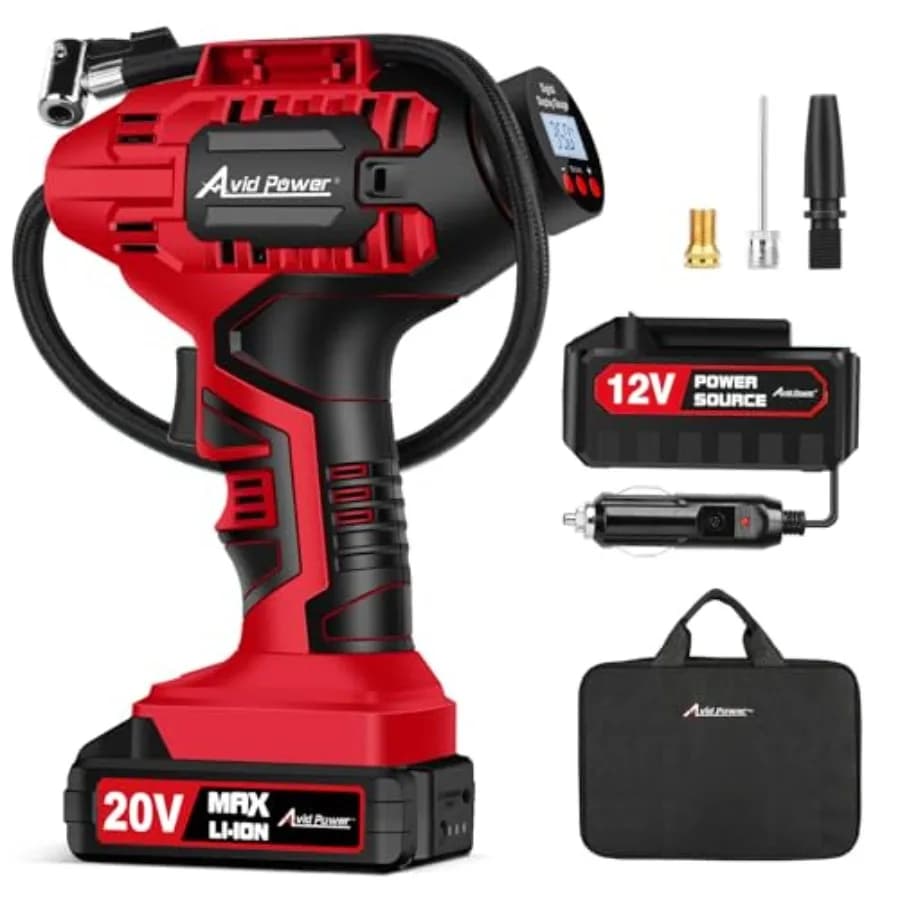 Compressore d'aria portatile per gonfiaggio pneumatici, 20V senza fili, pompa per pneumatici auto ricaricabile a batteria con adattatore CC 12V D
