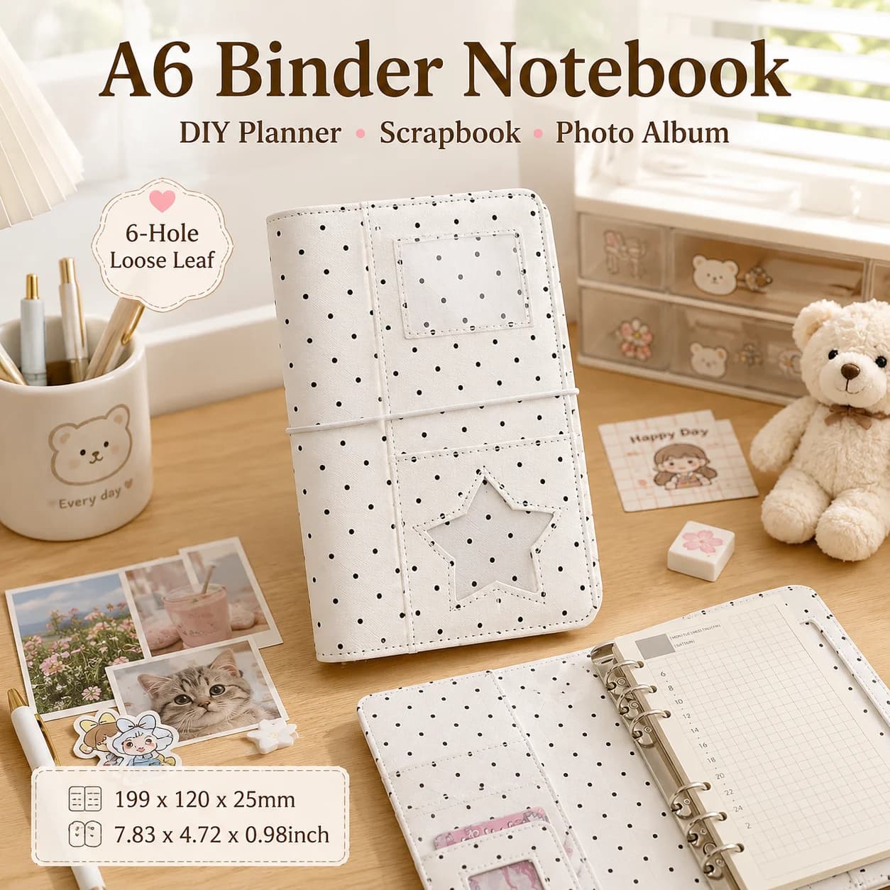 Quaderno ad anelli A6 con copertina in tessuto a pois, agenda a fogli mobili, diario, album fotografico, regalo scolastico