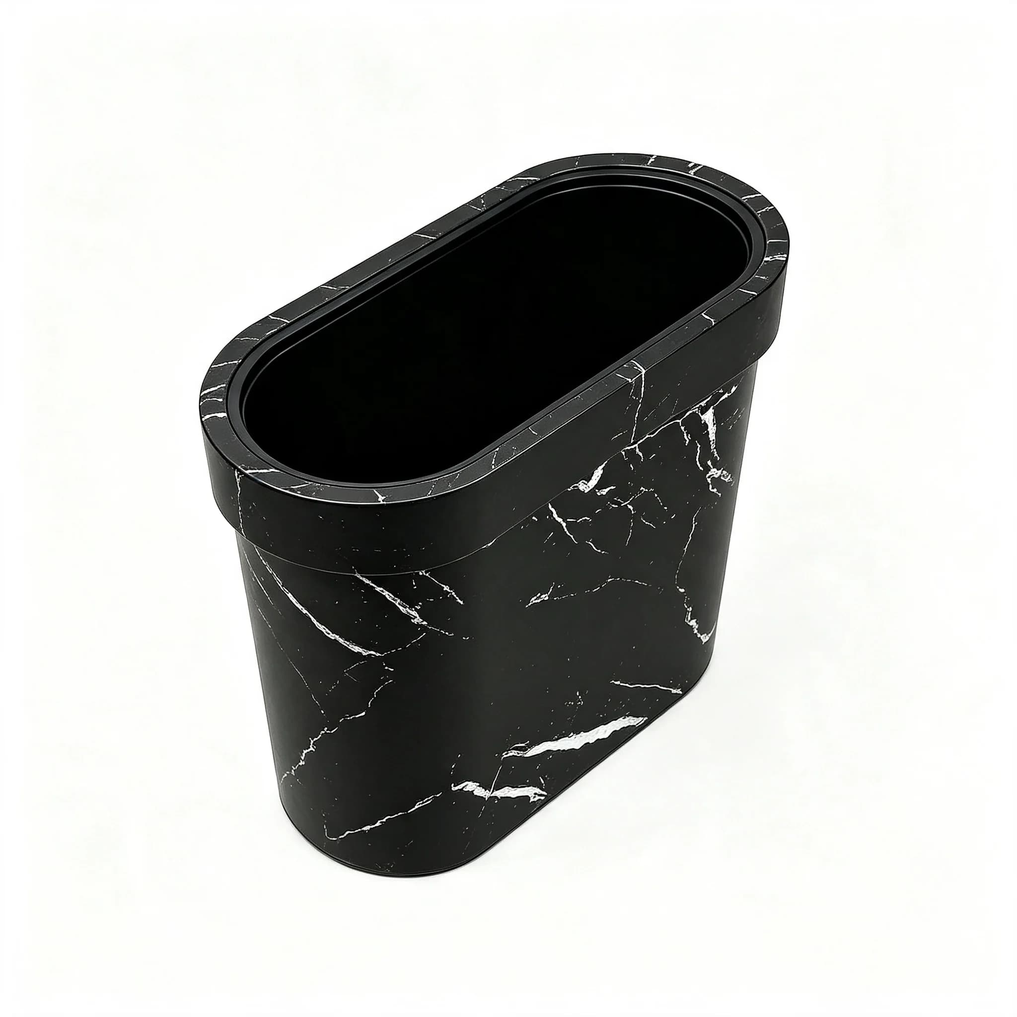 Narrow‑Edge Oval Trash Bin, Decorative Marble‑Print Plastic Wastebasket, Space‑Saving Open‑Top Garbage Container for Bathroom & Kitchen