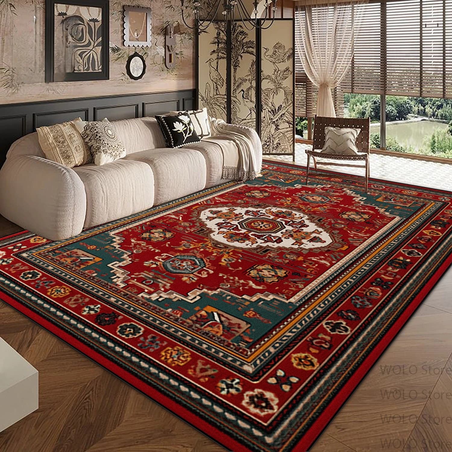 Persian Red Large Carpets for Living Room Ethnic Style Decoration Non-slip Fluffy Soft Rug Home Sofa Area Bedroom Washable Mats