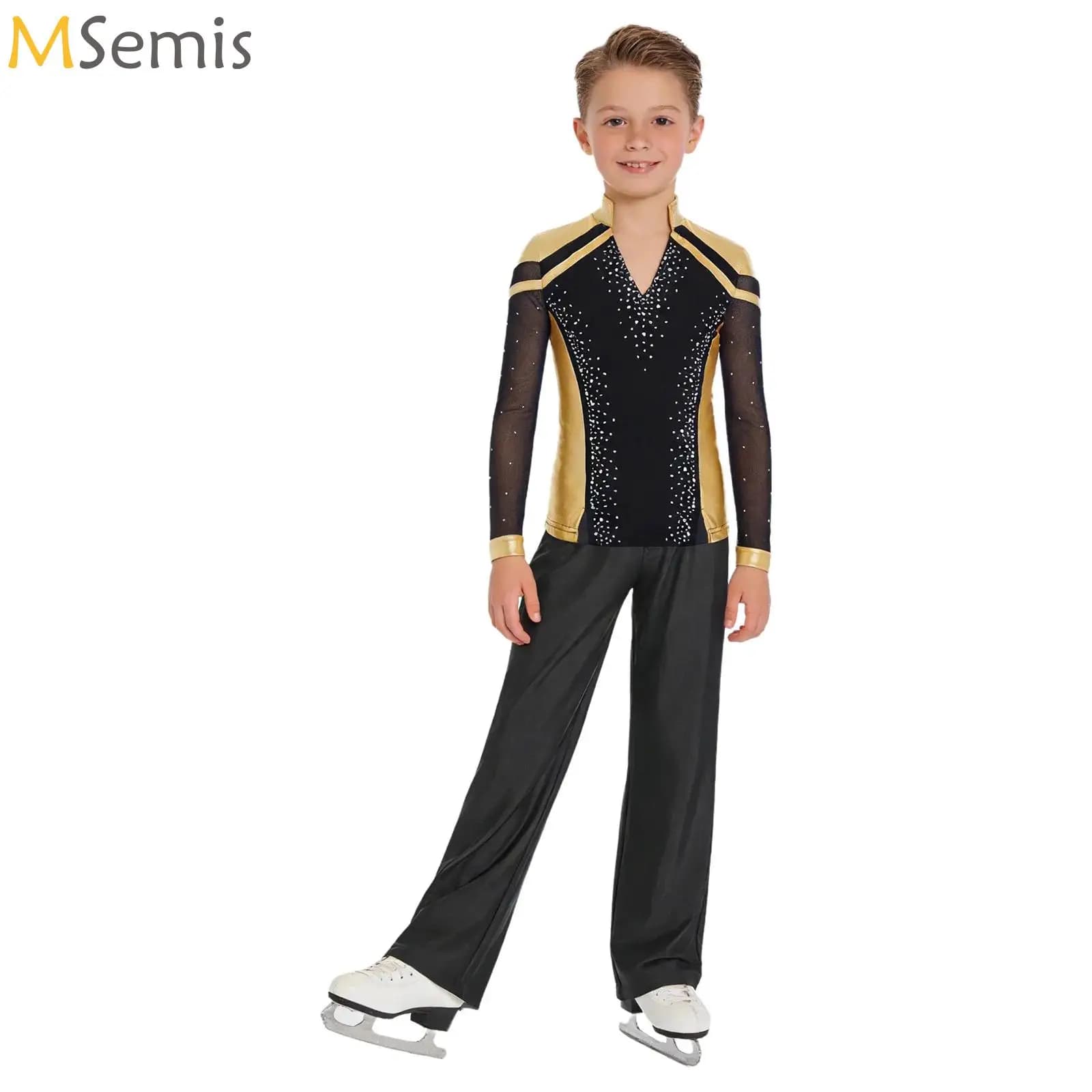 Completo da ballo latino per bambini, tuta da pattinaggio artistico con top a blocchi di colore metallizzato e pantaloni a gamba dritta, abbigliamento per pattinaggio su ghiaccio e roller