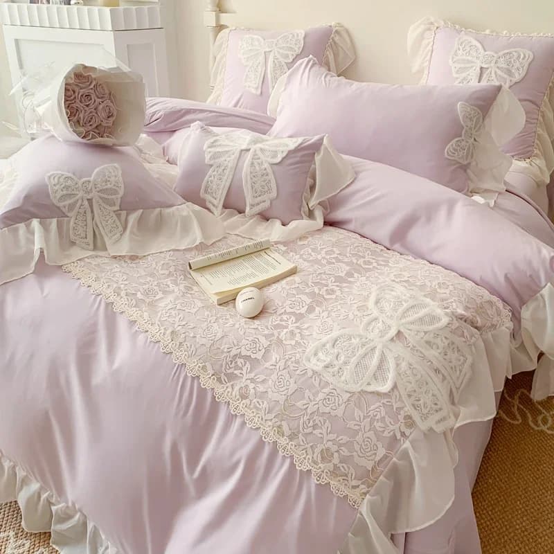 Y1 HomeKorean Princess Set biancheria da letto vento Fiocco in pizzo Tinta unita Bellissimo bordo Copri letto pieghettato in pizzo Ragazza di lusso Casa nuziale