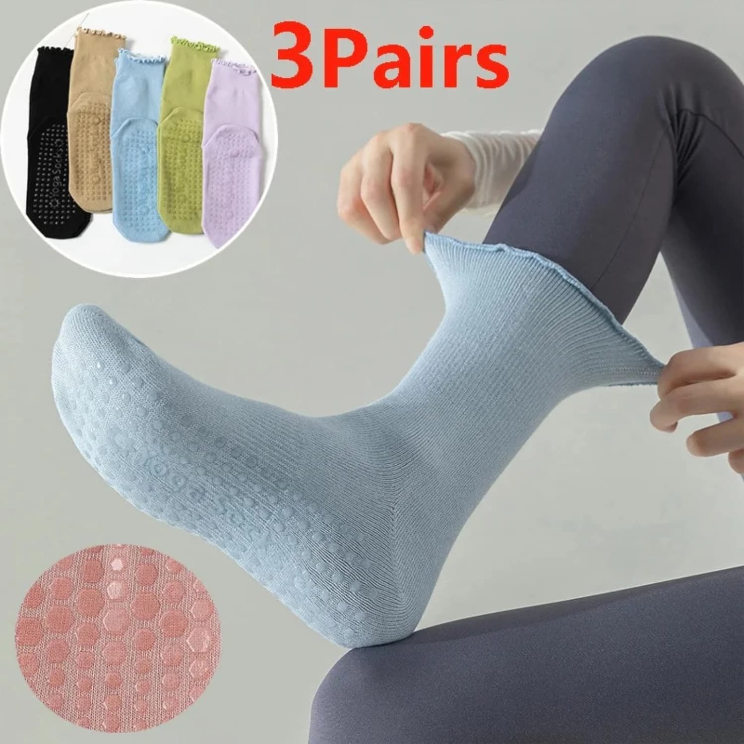3/8 pairs women's pleated yoga solid color anti slip Pilates socks breathable sports fitness floor socks