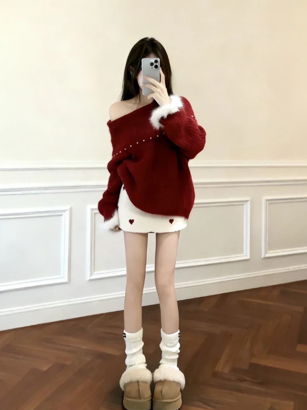 Set Due Pezzi con Maglione Rosso a Spalle Scoperte e Gonna, Comodo Completo Primaverile alla Moda per Giovani Donne, Gonna a Vita Alta Lusinghiera