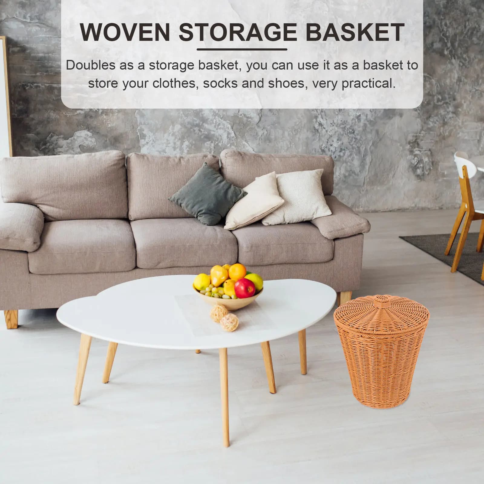Cesto Portaoggetti Rotondo Intrecciato con Coperchio, Resistente, in Imitazione Rattan, Multiuso per Vestiti, Scarpe, Calzini, Rifiuti