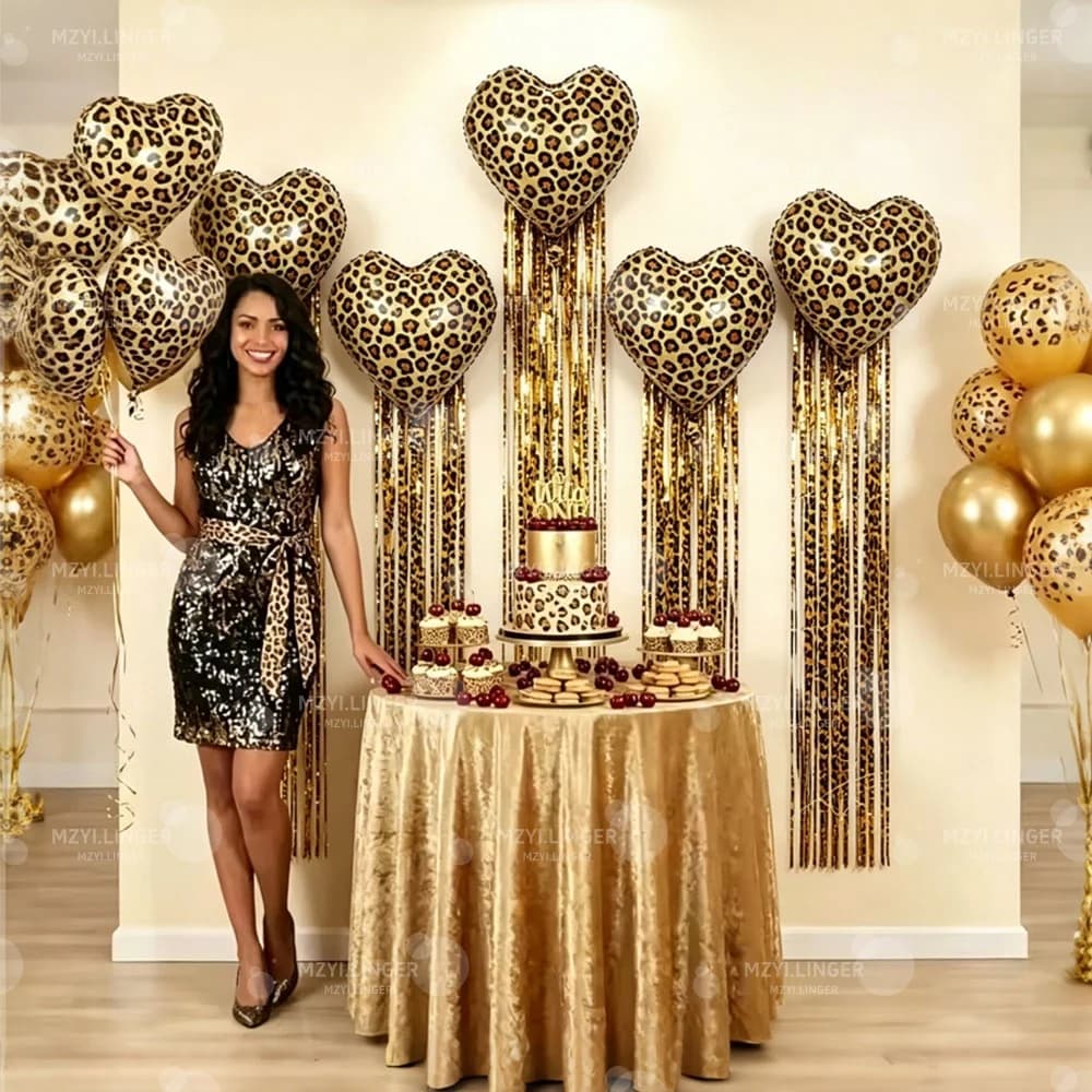 Leopard Patterned Heart-Shaped Foil balloon Leopard Patterned Rain Curtain Decor, for Birthday, Shower, Wild Party Decor Balloon