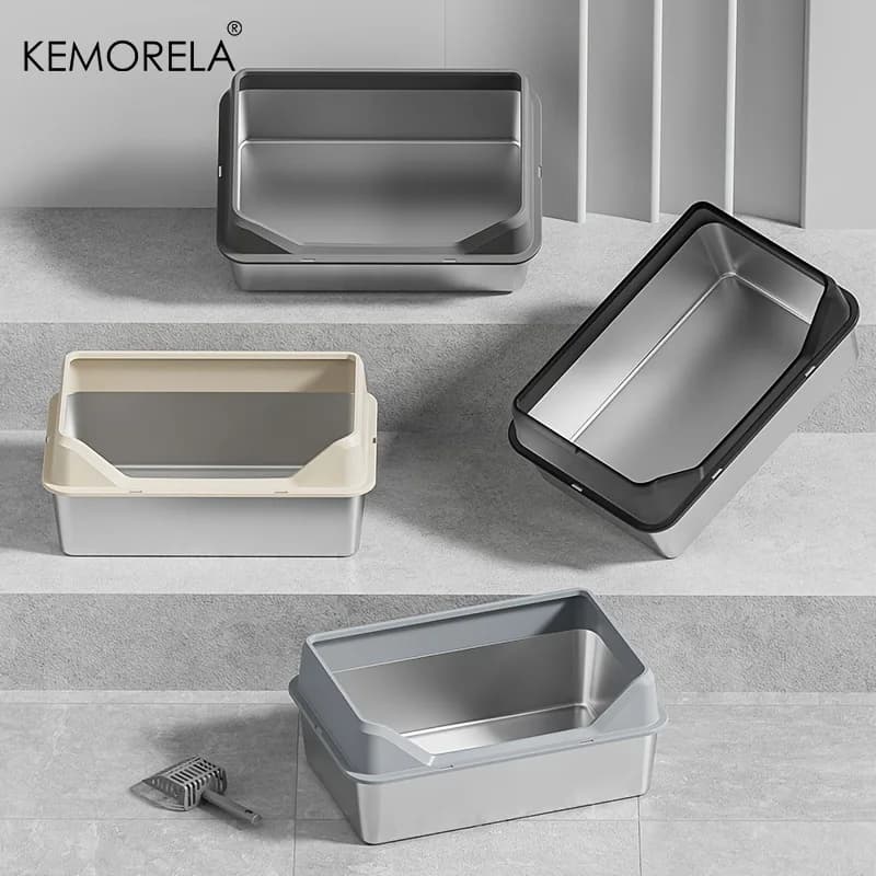 KEMORELA 1PC Lettiera aperta in acciaio inossidabile Padelle per gatti Ispessimento Semi-chiuso Lato alto con coperchio Lettiera Scoop antispruzzo