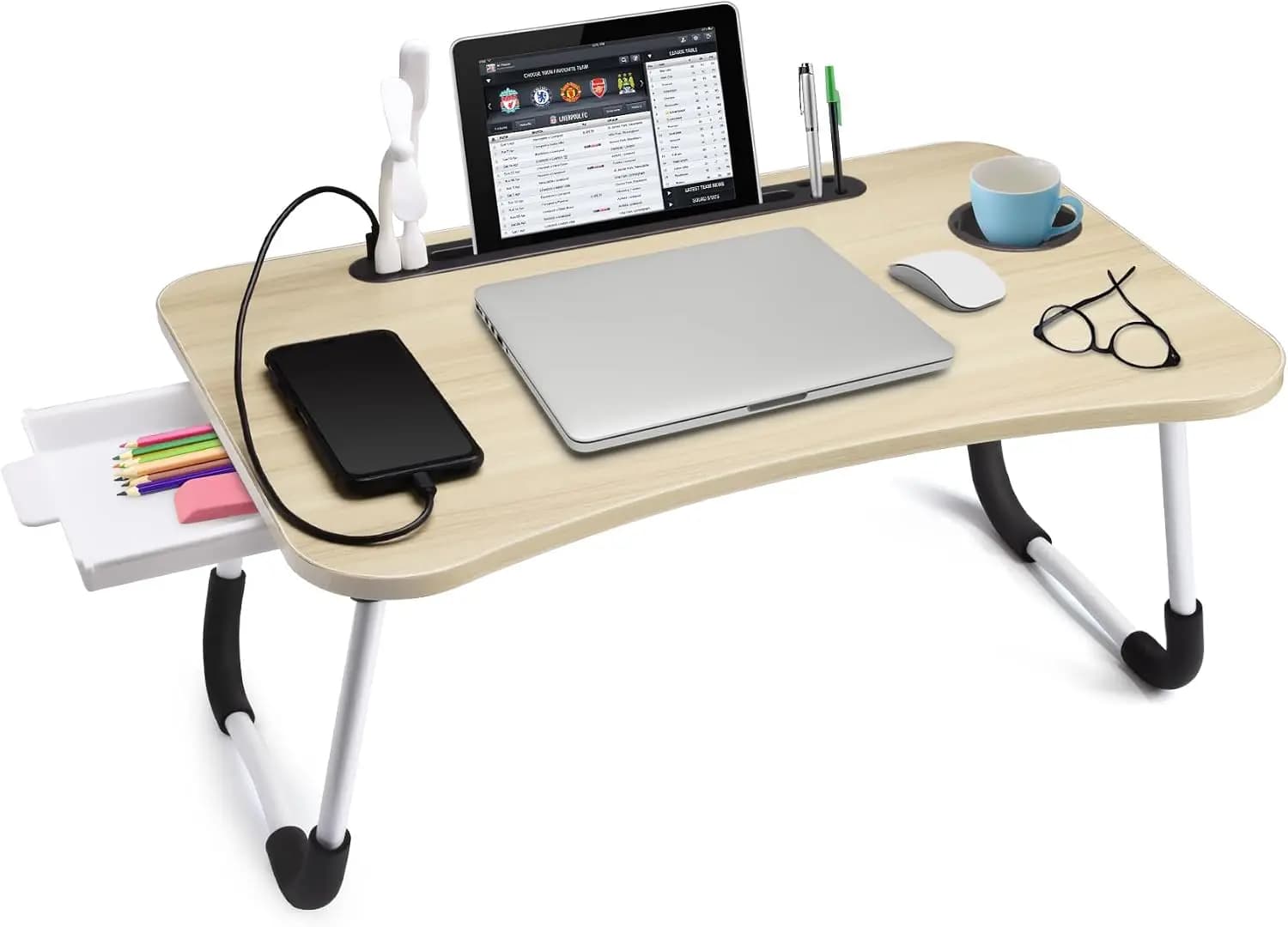 Foldable Bed Desk with Storage, Cup Holder, USB, Fan, Tablet Stand, White Maple