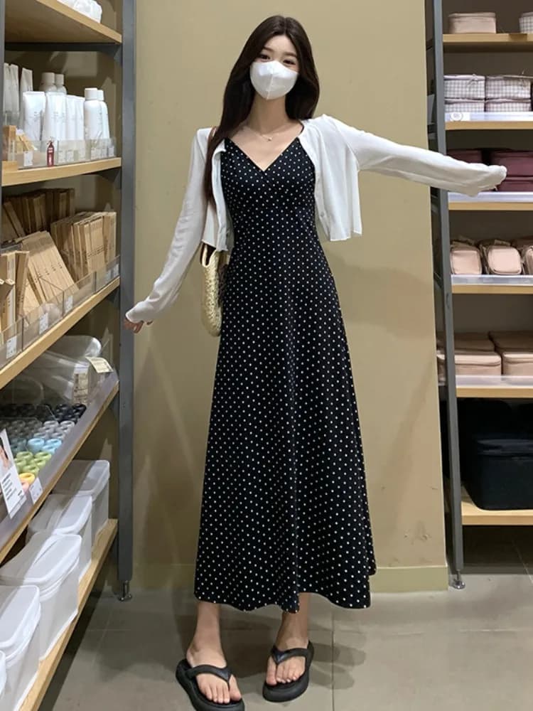 Completo due pezzi estivo da donna taglie forti: vestito a pois con scollo a V e cintura in vita e top, stile casual in tessuto traspirante