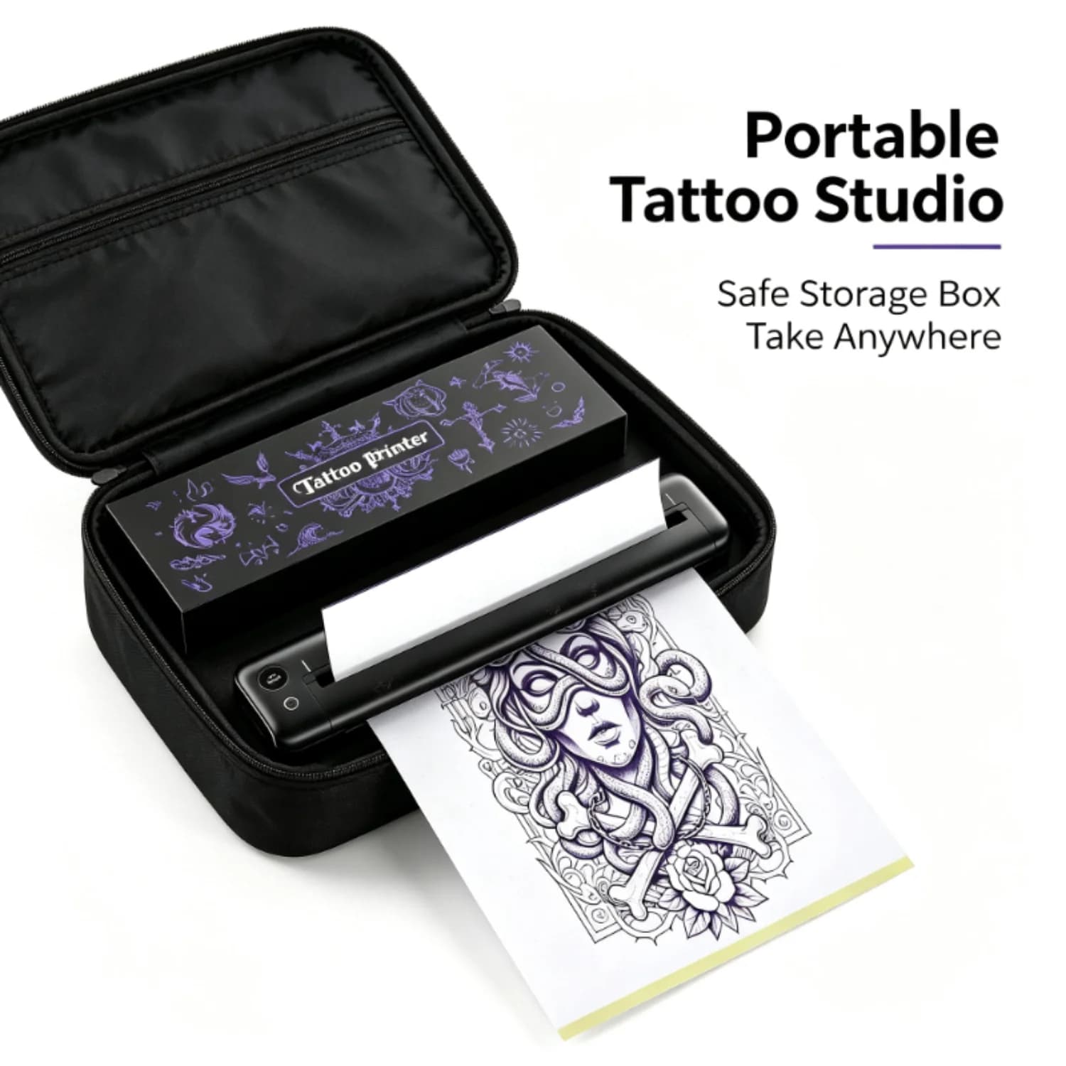 Wireless Tattoo Stencil Printer Thermal with 5PCS Transfer Paper Compatible Phone Tablet PC for Tattoo Artists Supplies Black