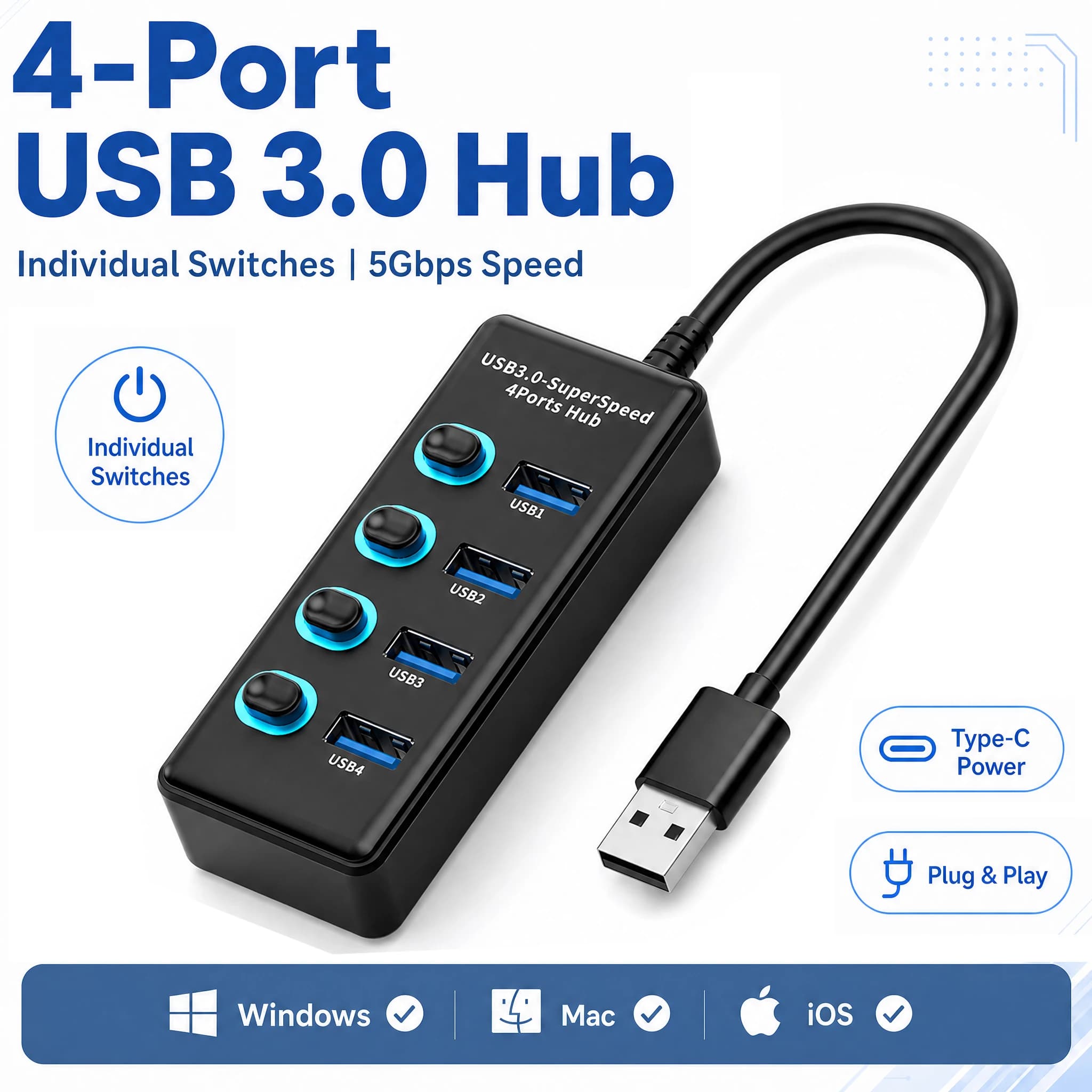 4 Ports USB 3.0 Hub With Individual On/Off Switches 5Gbps Super Speed USB Splitter Type‑C External Power Supply For Laptop PC
