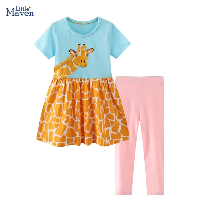 Little Maven 2026 Nuova Collezione Estiva Abbigliamento per Bambini Set in Cotone con Stampe di Giraffe Vestiti e Top+Leggings per Bambine