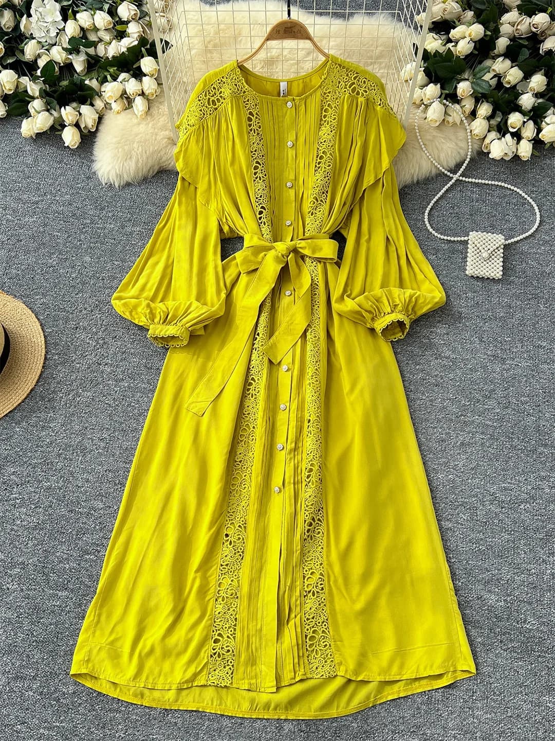 Croysier Moda Vintage Cutwork Crochet Abiti lunghi per le donne 2024 Girocollo Cintura con cravatta Manica lunga Elegante abito maxi da festa
