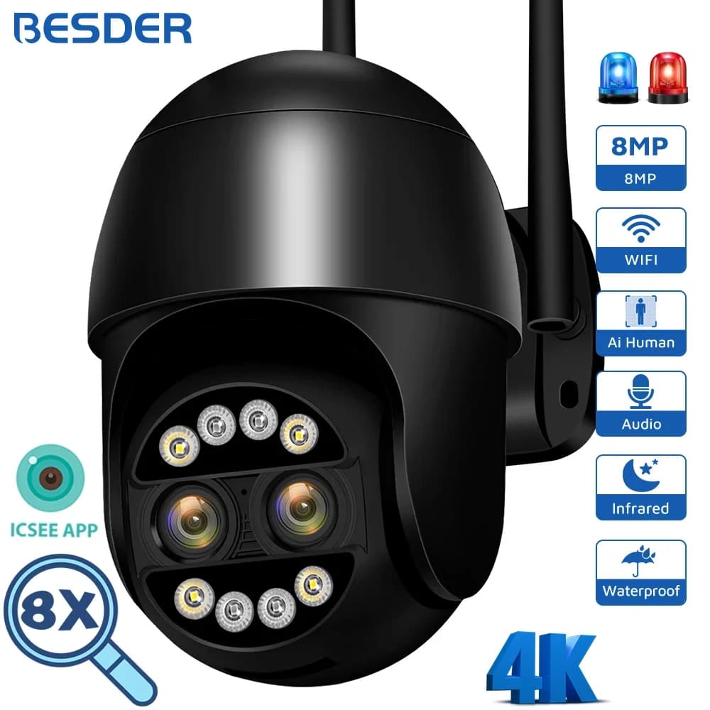 Telecamera WiFi da 8 MP Zoom digitale 8X AI Rilevazione umana Video CCTV esterno Telecamera di sorveglianza Wifi Protezione di sicurezza Telecamera IP PTZ