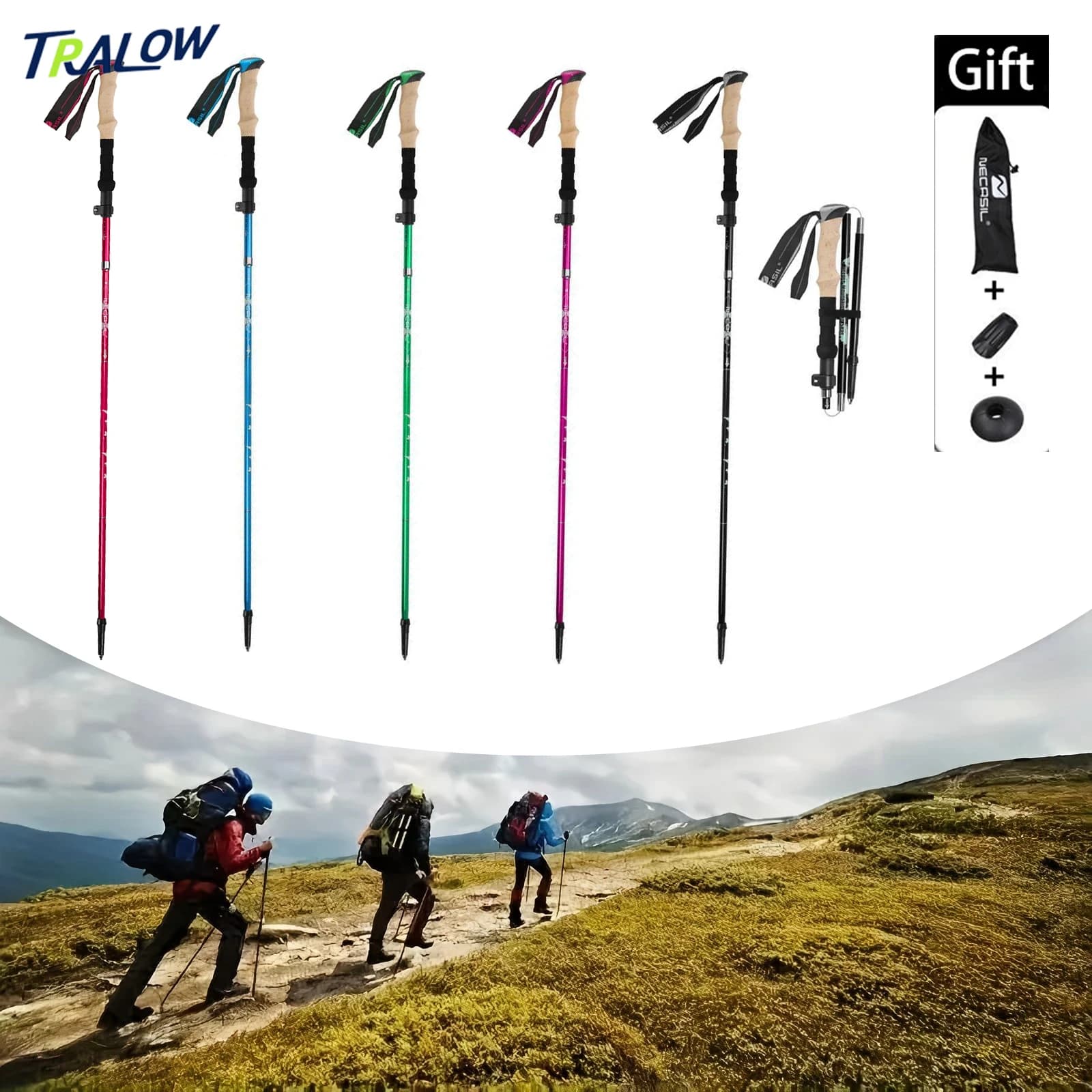 TRALOW 1 pcs Ultralight folding trekking stick telescopic locking mechanism for climbing, camping, skiing, snowshoeing
