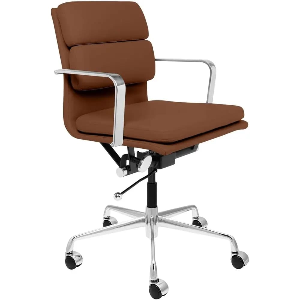 Padded Leather Office Chair with Armrests, Swivel, Cushion, Brown Computer Chair