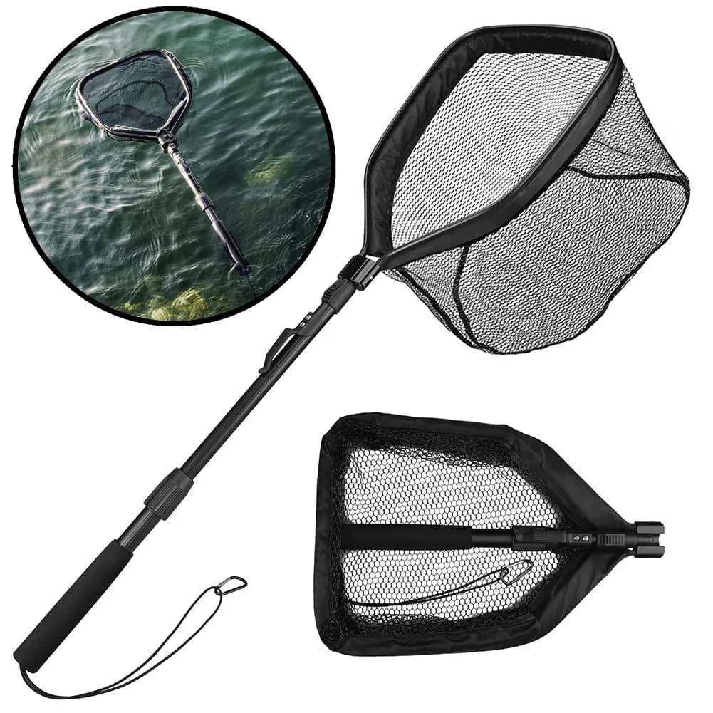 Rete da pesca galleggiante Guadino pieghevole Facile da catturare e rilascio con palo telescopico Rete da pesca rivestita in gomma per acqua dolce d'acqua salata