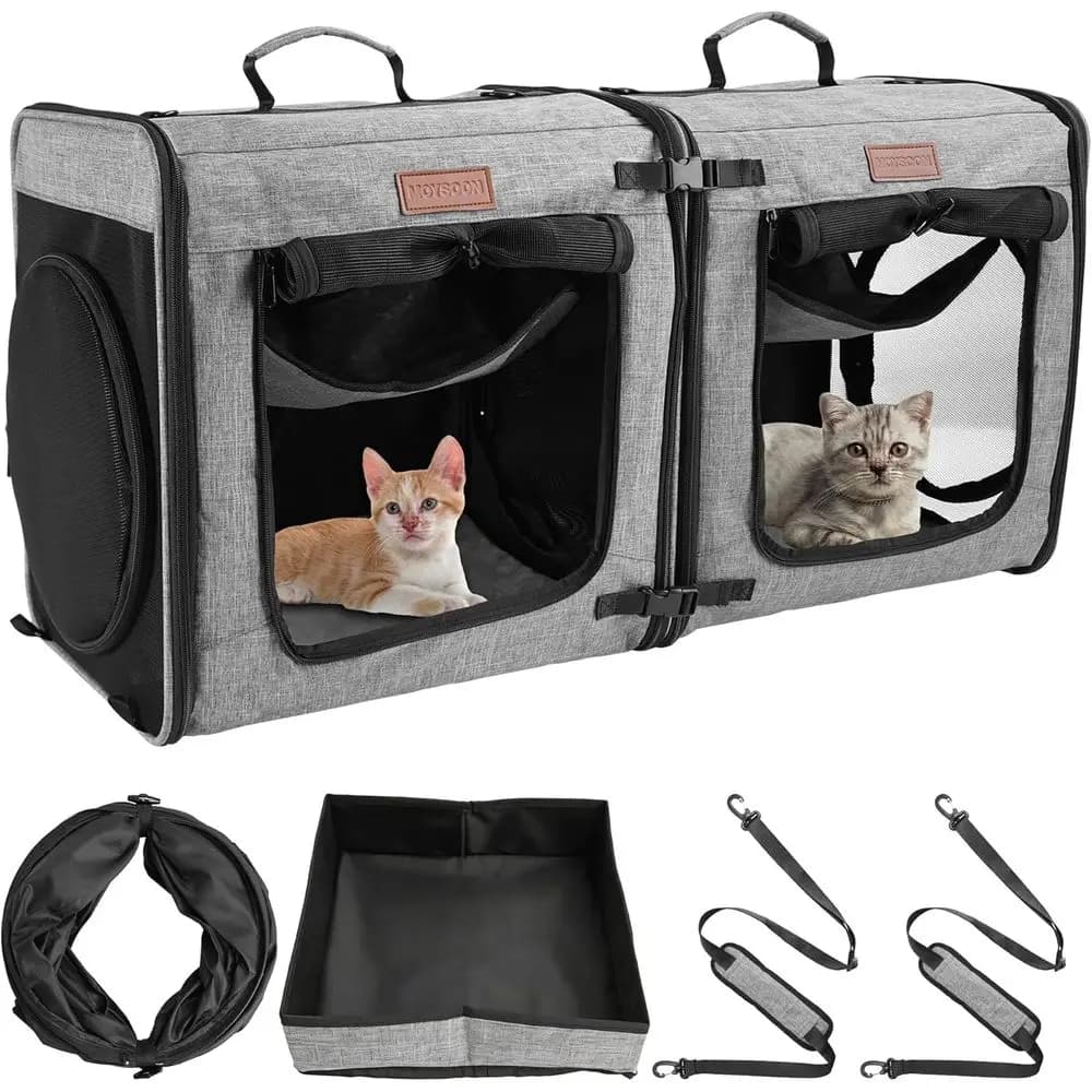 Trasportino Doppio Portatile per Gatti con Tunnel Gioco, Lettiera e Amaca per Viaggi, Adatto per 2 Gatti, Ideale per Lunghi Viaggi e