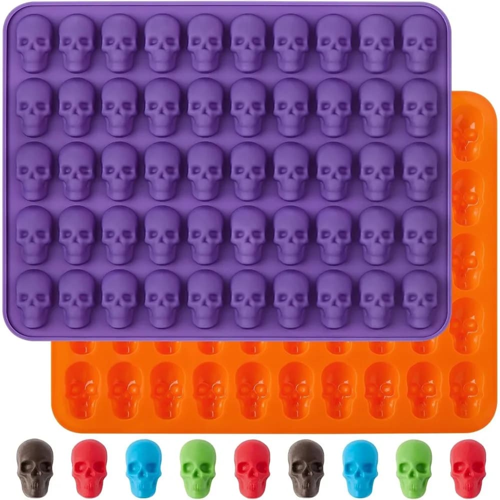 Stampi in silicone per cioccolato di Halloween, 2 pezzi Stampo per caramelle a forma di teschio antiaderente per cioccolato, fondente, gommoso, gelatina, cubetti di ghiaccio, Des