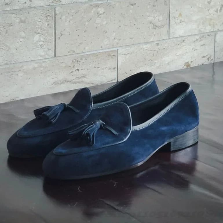 Tassel Decor Men Loafers Navy Blue Casual Slip On Flats Suede Genuine Leather Casual Shoes Office Wedding Party Dress Shoes
