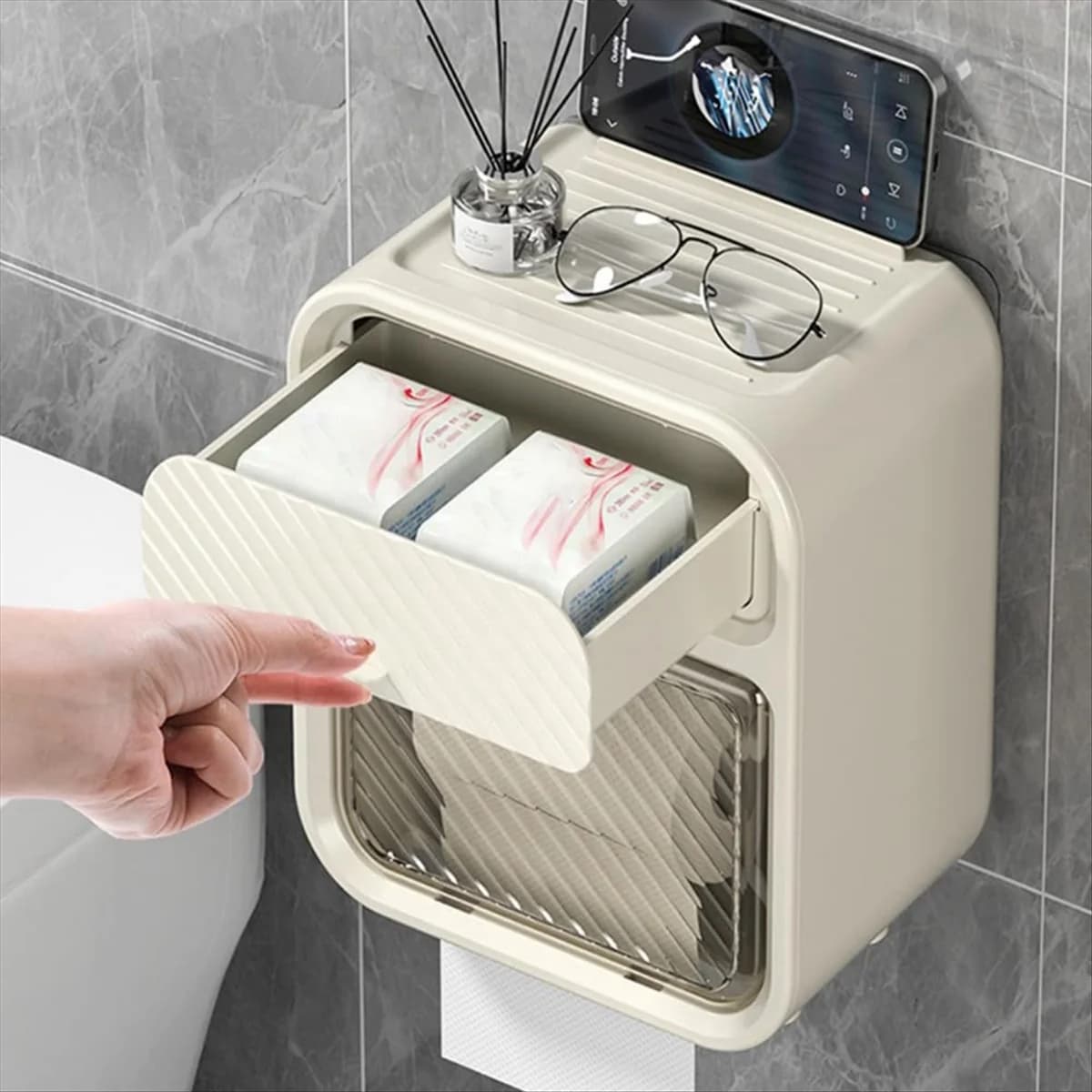 Portarotolo impermeabile per carta igienica con portaoggetti a parete, scatola porta fazzoletti adesivi con ripiano per bagno-ROWI