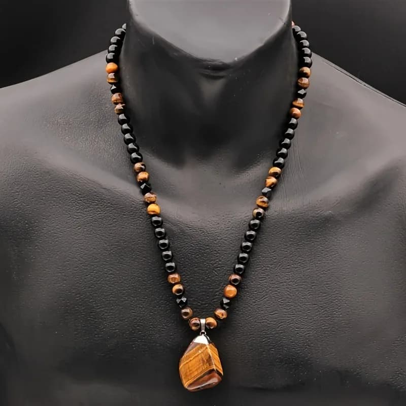 Tiger Eye Stone Beaded Necklace,Personalized Fashion Beaded Irregular Pendant Black Color Men's Pendant Necklace