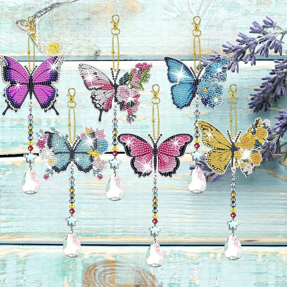 6pcs, 2D Flat - Wind Chimes Featuring a Butterfly Design Made, Artificial Diamond Painting on a 2D Plane