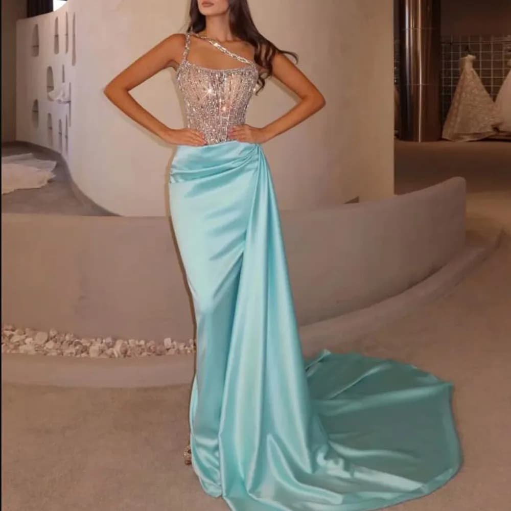 Abiti da sera personalizzati Abito da ballo monospalla Abito da festa a sirena di cristallo Treno staccabile Strass Abiti da sera
