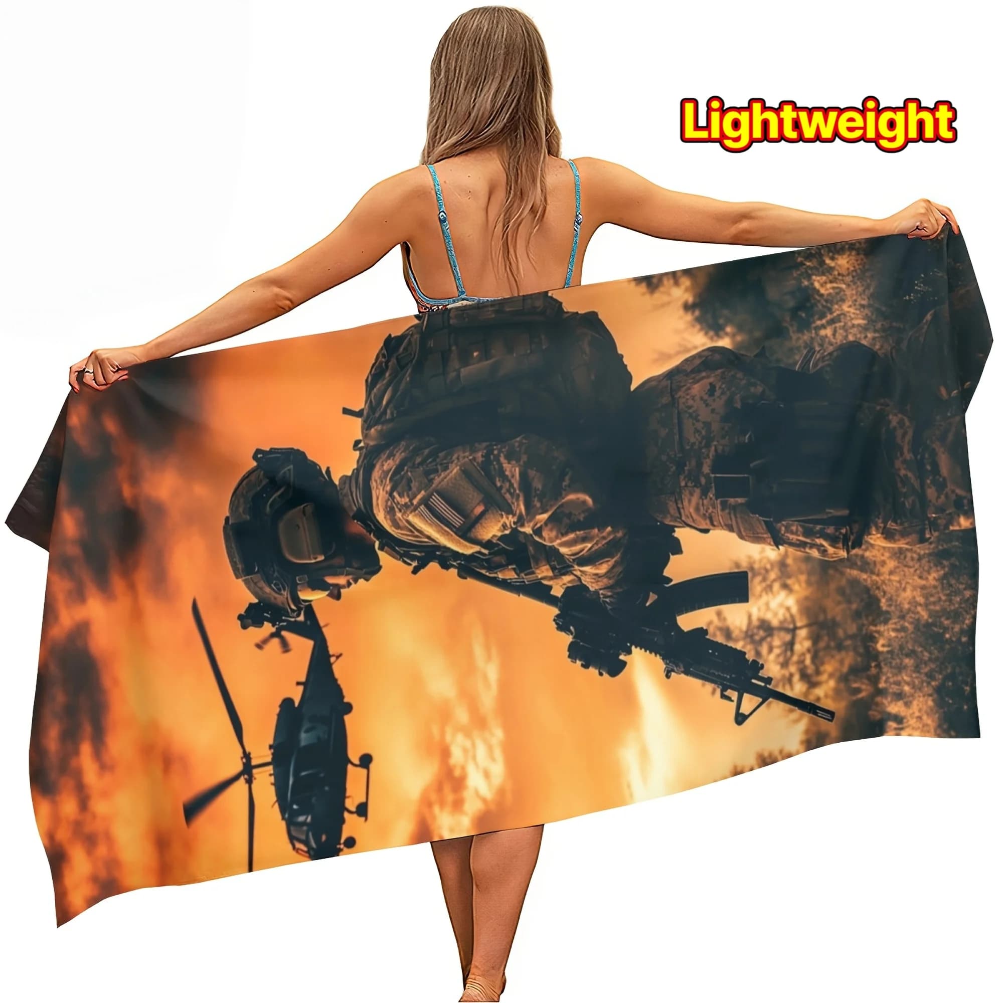 Telo Mare Militare con Stampa Elicottero e Tramonto, Asciugatura Rapida, in Microfibra Anti-Sabbia, per Viaggi, Piscina, Palestra, Regalo per Veterani