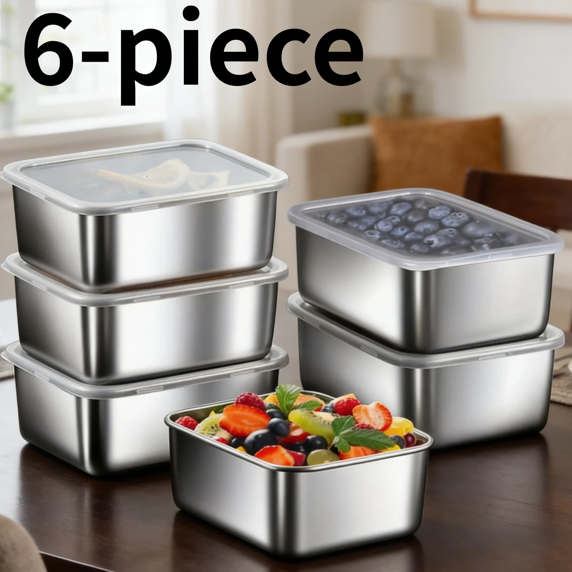 Set di 6 Contenitori Impilabili in Acciaio Inox a Prova di Perdite, con Coperchio per Alimenti Freschi, Picnic e Gestione Porzioni in Frigorifero