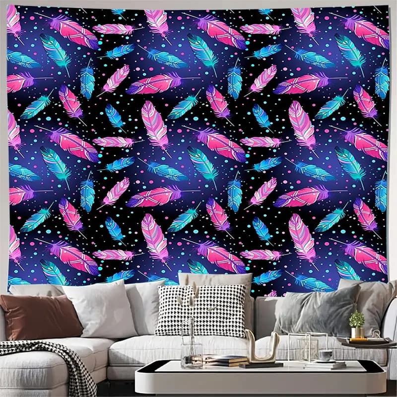 Bohemian Tapestry Feather Wall Decor Aesthetic Room Backdrop Galaxy Wall Hanging Trendy Home Textile Mystic Vibes Dark Blue Purp