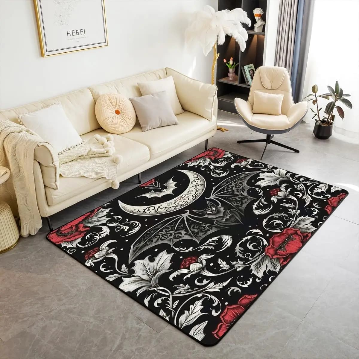 Halloween Pillow Decorative Carpet for Kids Boys Gothic Spectral Theme Mat for Interior Carpet with exotic flowers leaves for life