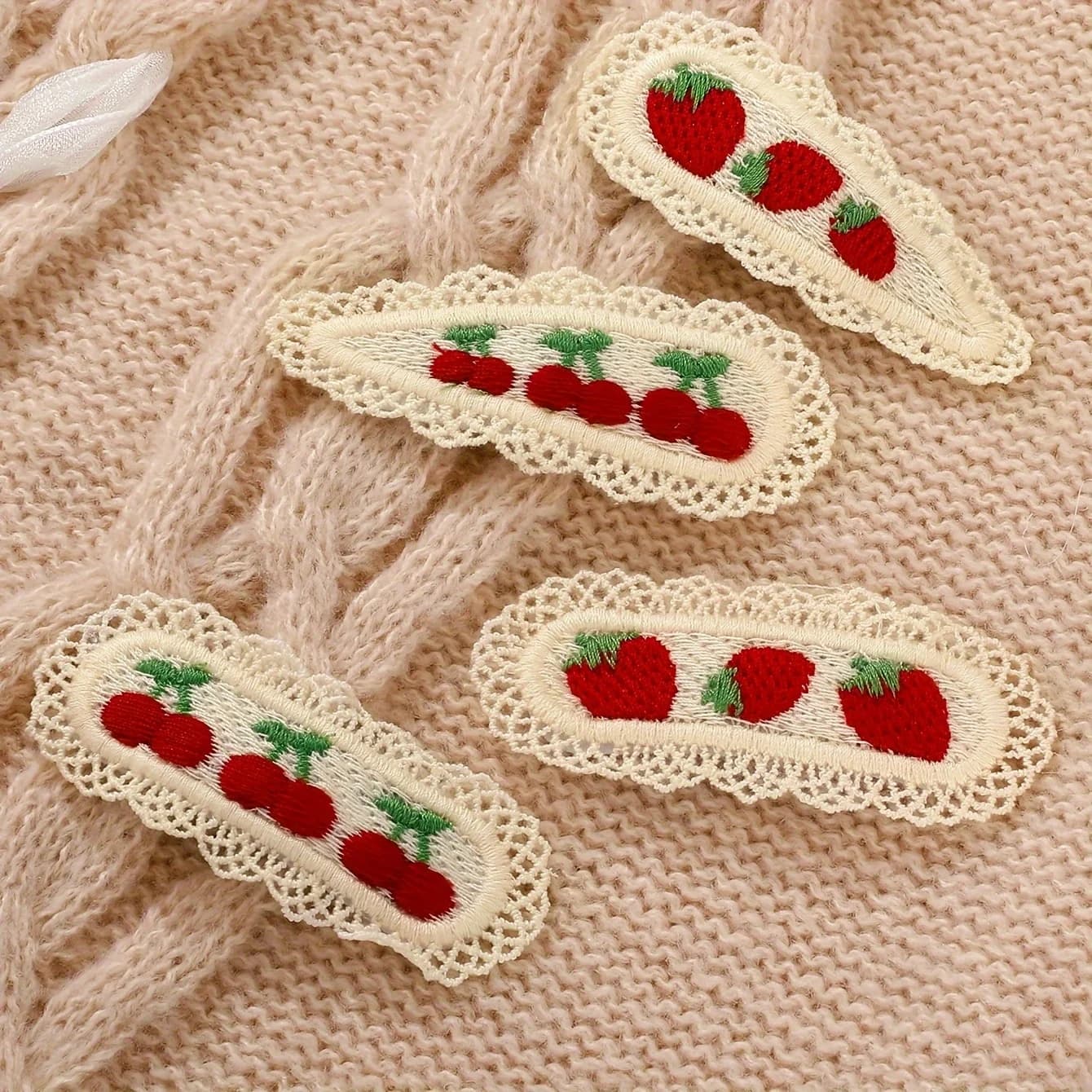 2pcs Cute Hairpins, Colorful Knitted Cherry and Strawberry Hairpins, Lace Floral Oval Hair Accessories, Cartoon Style Accessorie