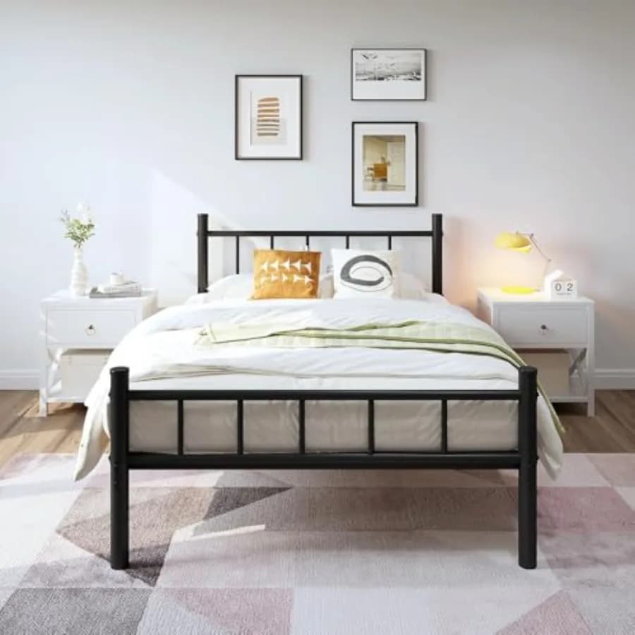 Metal bed base with headboard and footboard, 14 inch metal platform mattress support with steel slats, under the bed