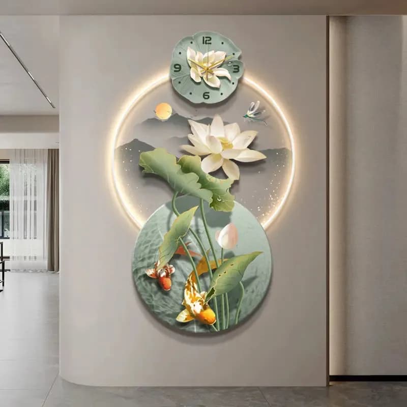 For Lotus Koi Portico Decorative Painting Clock Hanged Painting Light Luxury High-end Corridor Fine Nine Fish Wall Image C