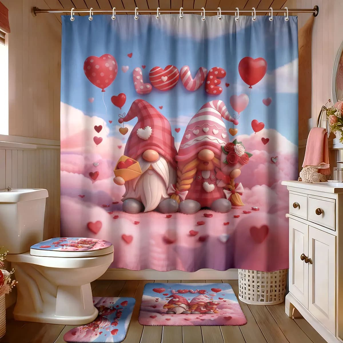 4 pezzi San Valentino rosa romantico amore nano stampato set da bagno tenda da doccia impermeabile tappetino tappetino per WC a forma di U