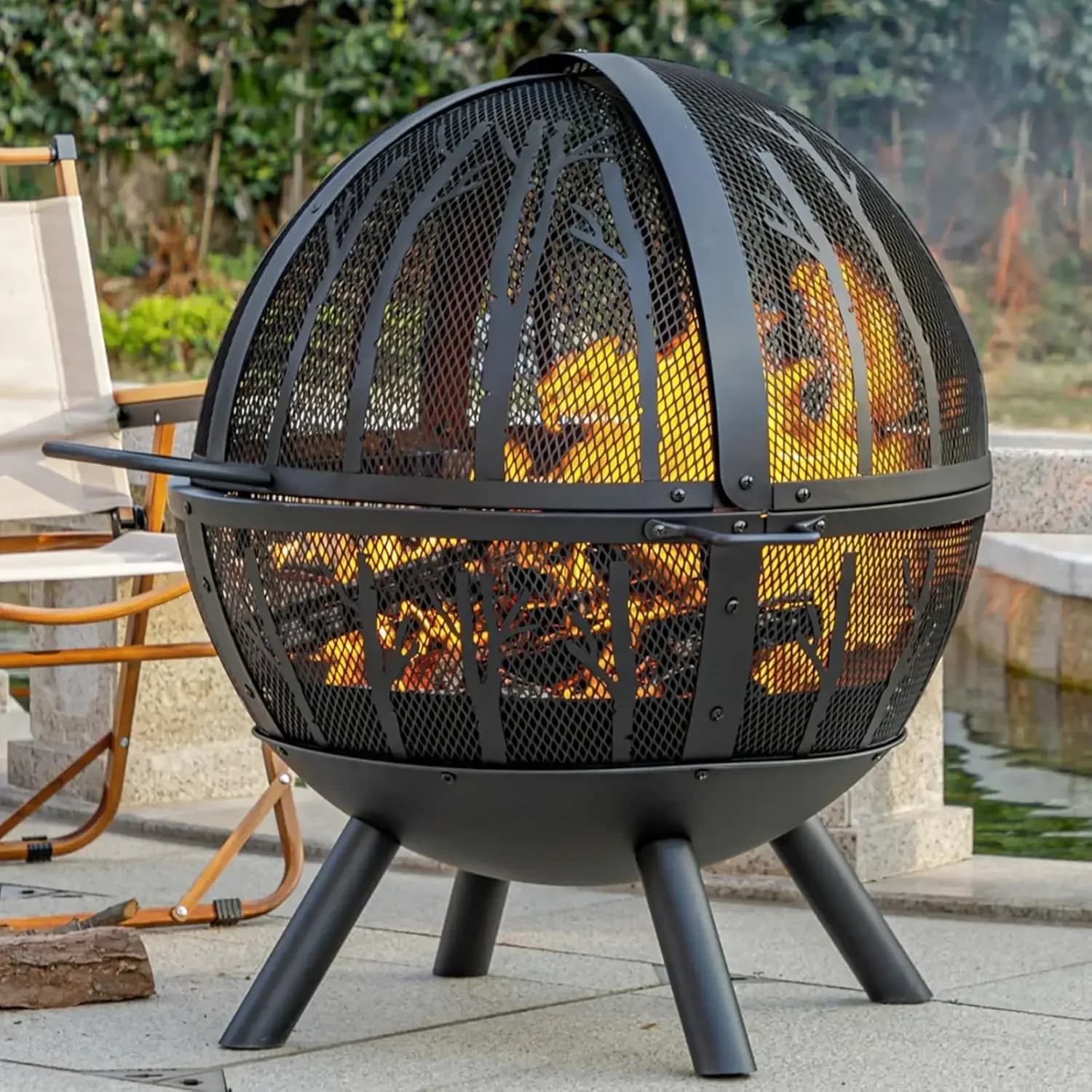 Braciere a Legna da 35 Pollici con Griglia BBQ, Braciere Robusto per Esterni con Schermo Antiscintille e Vassoio Cenere Rimovibile