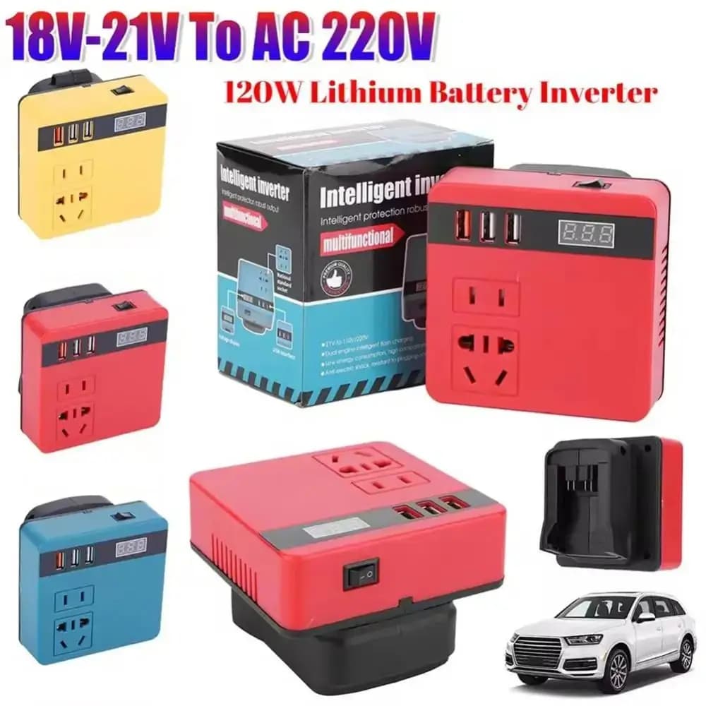 Inverter a Batteria 18V 20V a 220V, Trasformatore Intelligente Multifunzione 120W, Inverter per Uso Domestico con Doppia Presa per Lavoro all'Aperto